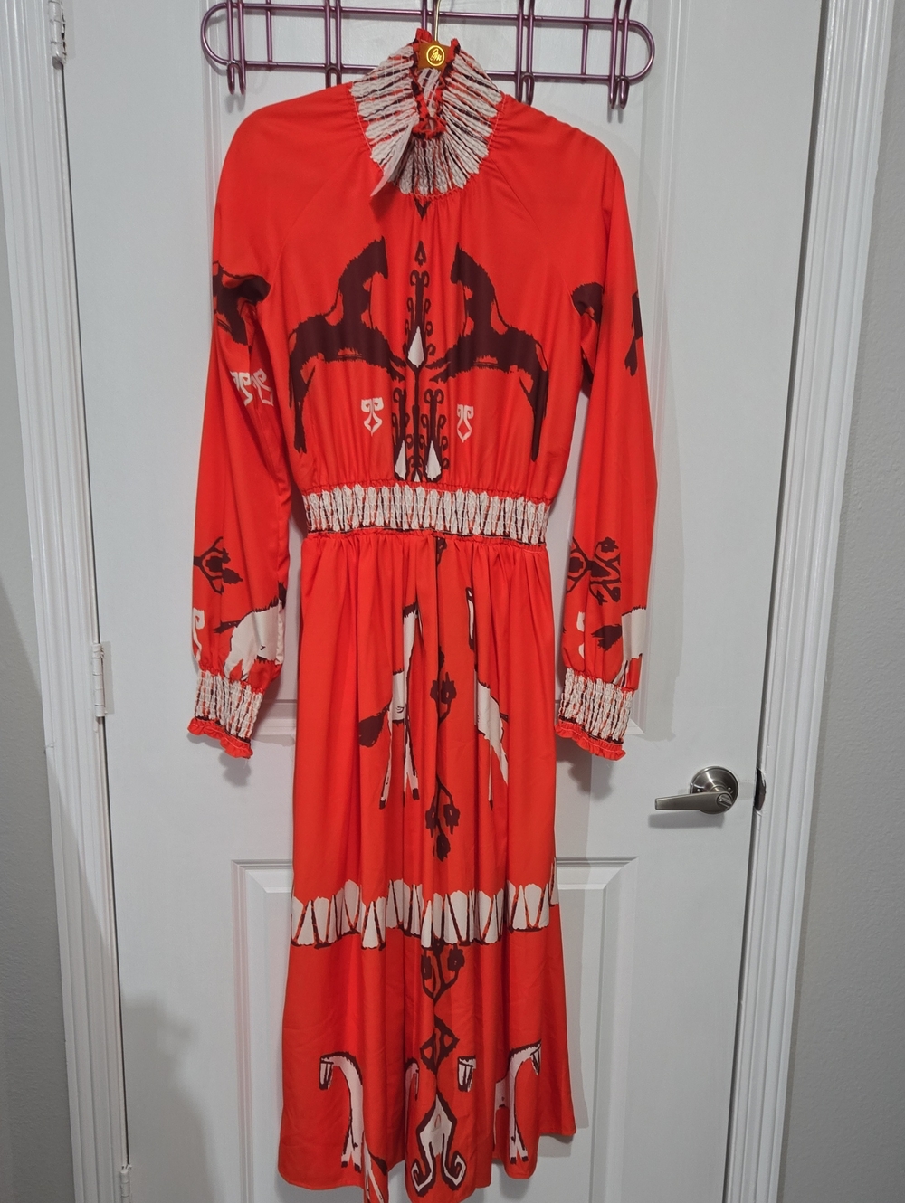 Sunday Up Orange Printed Long Sleeve Dress with Horse Motif Size L
